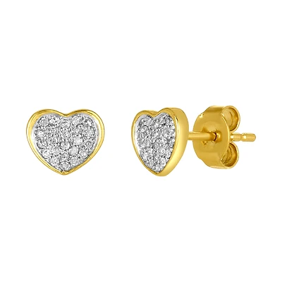 14K Yellow Gold Pave Heart Diamond Stud Earrings