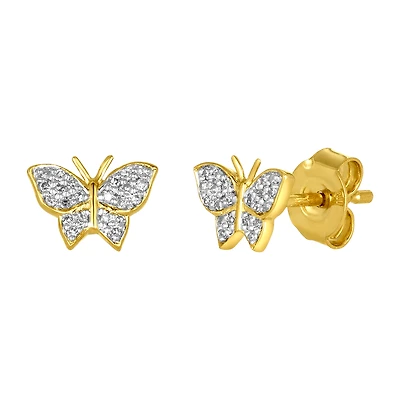 14K Yellow Gold Pave Butterfly Diamond Stud Earrings
