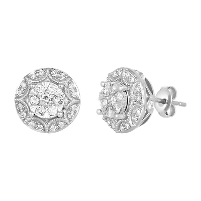 14K White Gold Vintage Cluster Diamond Stud Earrings