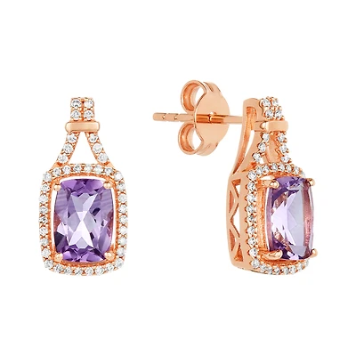 14K Rose Gold Rose De France Amethyst Diamond Drop Earrings