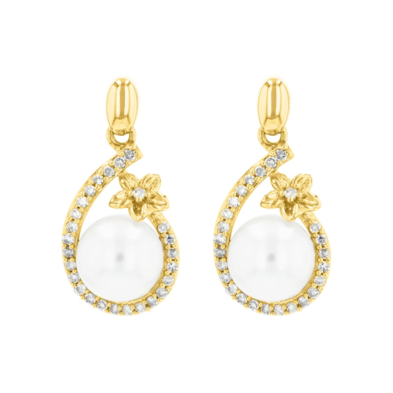 14K Yellow Gold Pearl Flower Frame Diamond Earrings