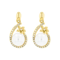 14K Yellow Gold Pearl Flower Frame Diamond Earrings