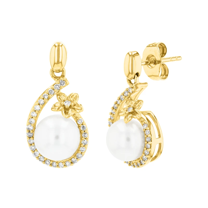 14K Yellow Gold Pearl Flower Frame Diamond Earrings