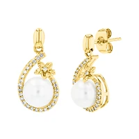 14K Yellow Gold Pearl Flower Frame Diamond Earrings