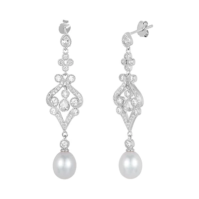 Silver Pearl Cubic Zirconia Fancy Drop Earrings