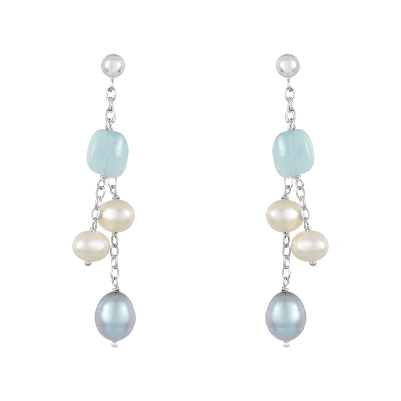 Silver Aqua, White and Grey Pearl Dangle Earrings