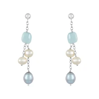 Silver Aqua, White and Grey Pearl Dangle Earrings
