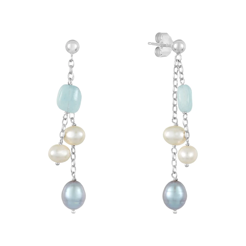 Silver Aqua, White and Grey Pearl Dangle Earrings