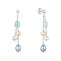 Silver Aqua, White and Grey Pearl Dangle Earrings