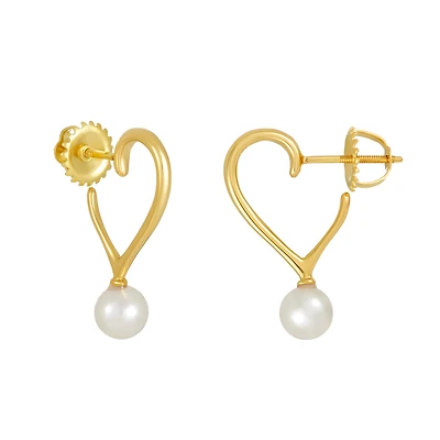 14K Yellow Gold Half Heart with Pearl Earrings