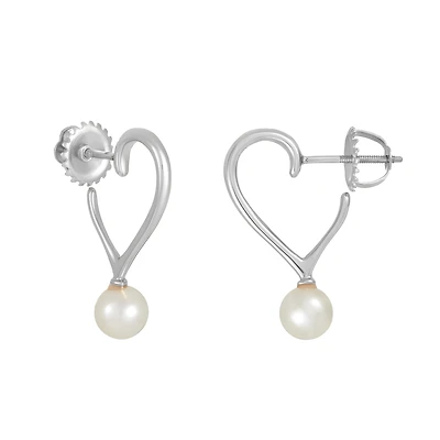14K White Gold Half Heart with Pearl Earrings