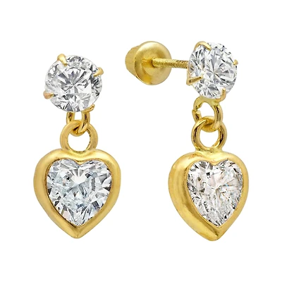 14K Yellow Gold Heart Cubic Zirconia Dangle Children's Earrings