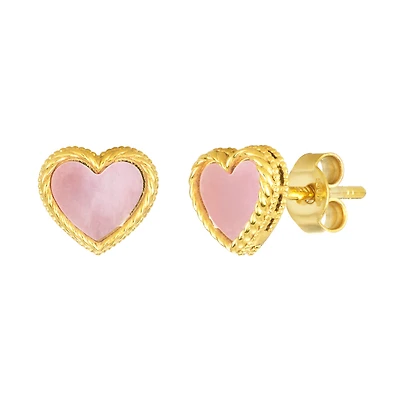 14K Yellow Gold Pink Pearl Heart Stud Earrings