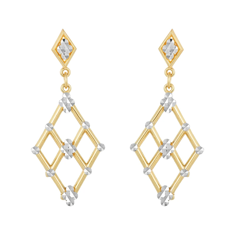 14K Gold Two Tone Diamond Cut Marquise Design Earrings