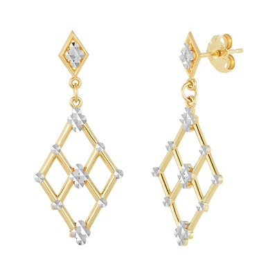 14K Gold Two Tone Diamond Cut Marquise Design Earrings