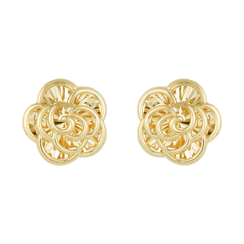 14K Yellow Gold Diamond Cut Rose Stud Earrings