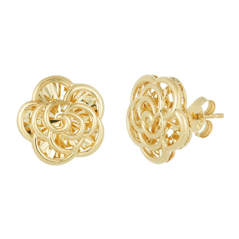 14K Yellow Gold Diamond Cut Rose Stud Earrings
