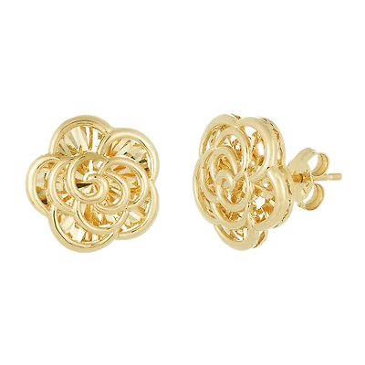 14K Yellow Gold Diamond Cut Rose Stud Earrings