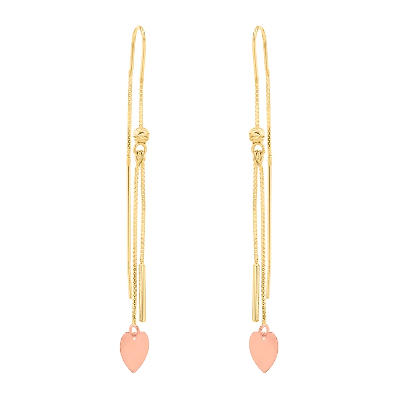 14K Tri Color Gold Heart Threader Earrings
