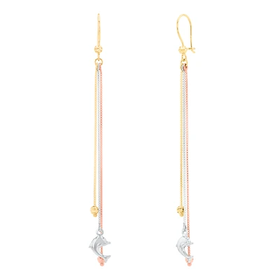 14K Tri Color Gold Dolphin Dangle Earrings
