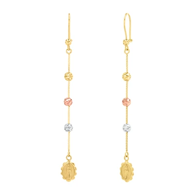 14K Tri Color Gold Virgin Mary and Beads Dangle Earrings
