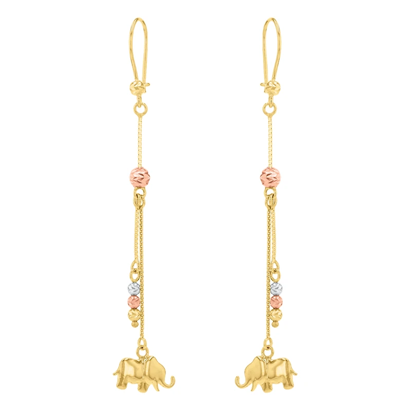 14K Tri Color Gold Diamond Cut Elephant Earrings