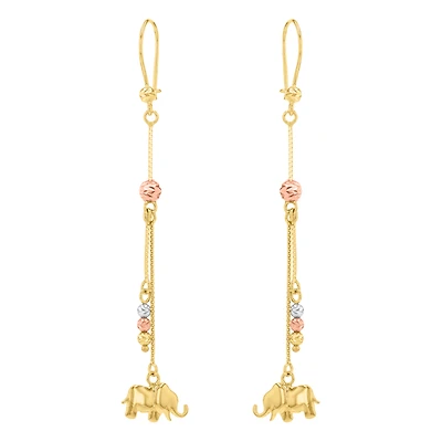 14K Tri Color Gold Diamond Cut Elephant Earrings