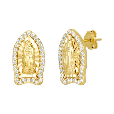 14K Yellow Gold Lady of Guadalupe Cubic Zirconia Stud Earrings