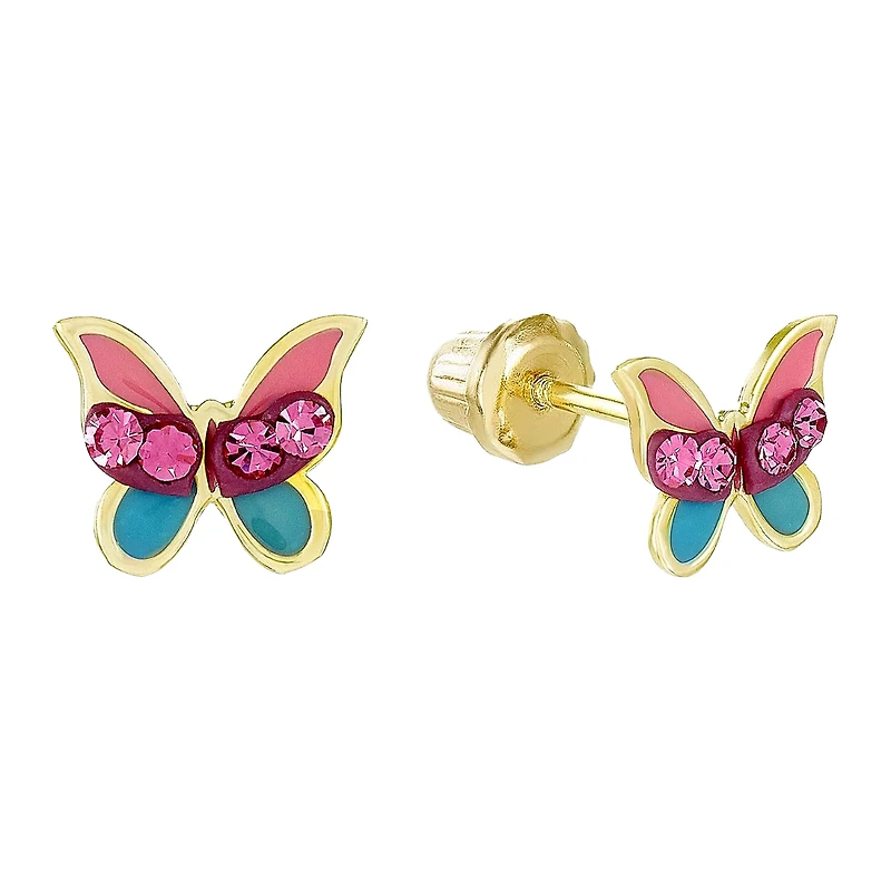 14K Yellow Gold Pink Crystal Butterfly Children's Earrings