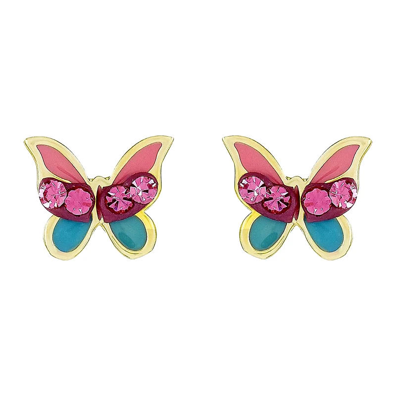 14K Yellow Gold Pink Crystal Butterfly Children's Earrings