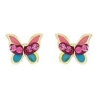 14K Yellow Gold Pink Crystal Butterfly Children's Earrings