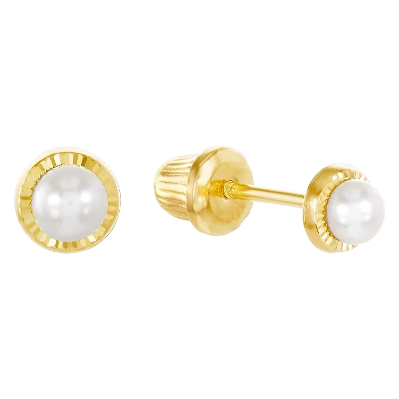 14K Yellow Gold Pearl Bezel Set Children's Earrings