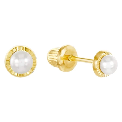14K Yellow Gold Pearl Bezel Set Children's Earrings