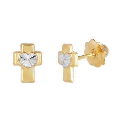 14K Yellow Gold Cross with Diamond Cut Heart Children's Earrings