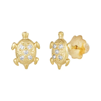 14K Yellow Gold Turtle Cubic Zirconia Children's Earrings
