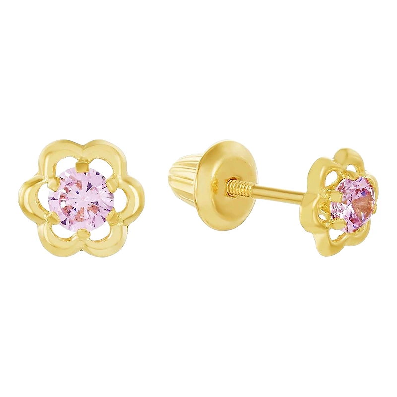 14K Yellow Gold Pink Flower Children's Earrings