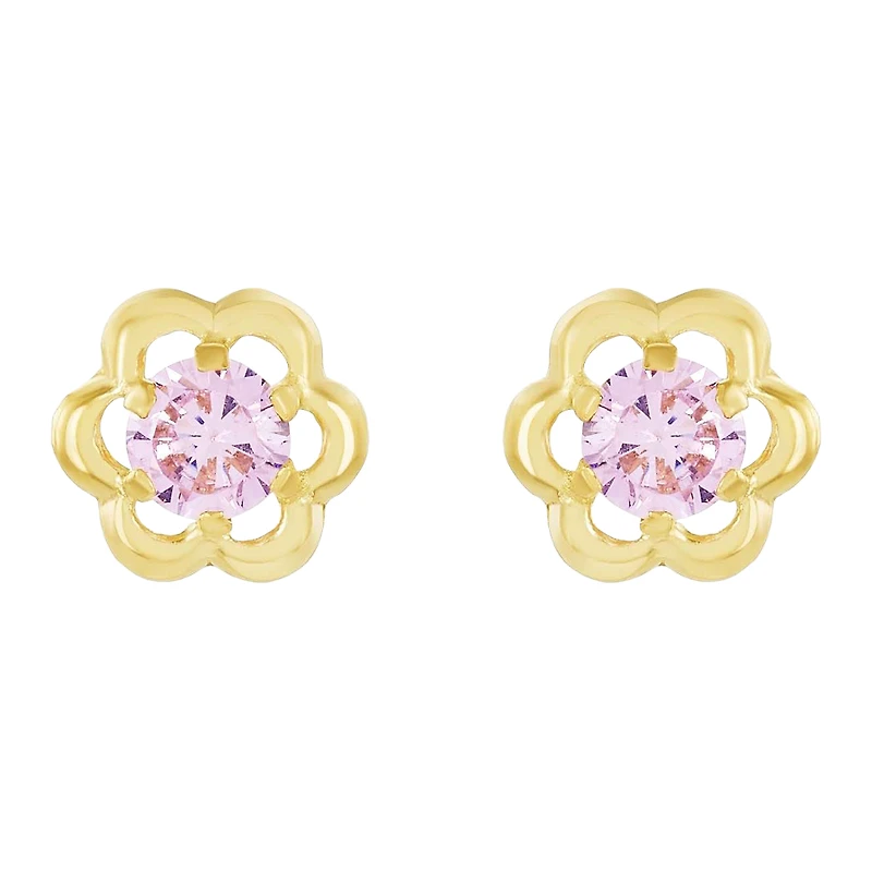 14K Yellow Gold Pink Flower Children's Earrings