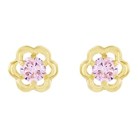 14K Yellow Gold Pink Flower Children's Earrings