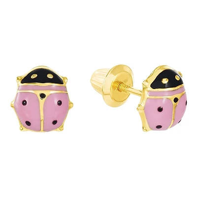14K Yellow Gold Pink Lady Bug Children's Earrings