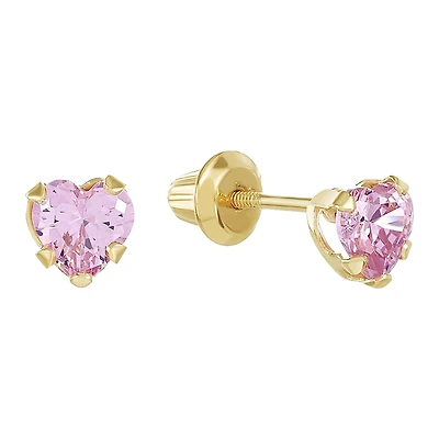 14K Yellow Gold Pink CZ Heart Children's Stud Earrings