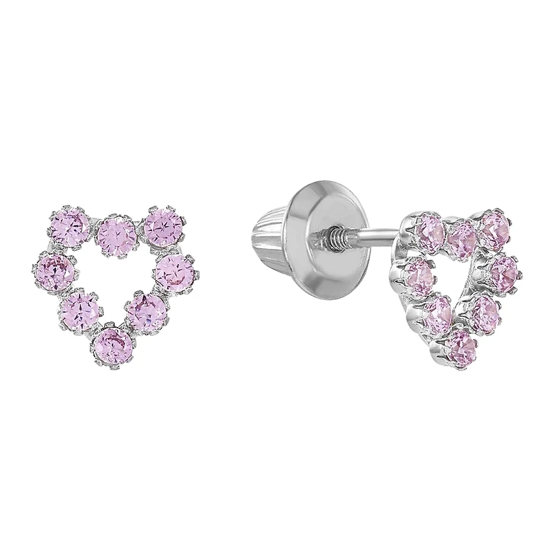 14K White Gold Pink CZ Heart Children's Earrings