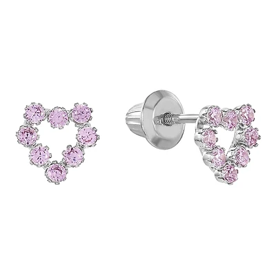 14K White Gold Pink CZ Heart Children's Earrings