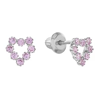 14K White Gold Pink CZ Heart Children's Earrings