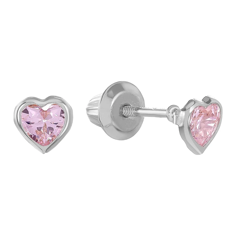 14K White Gold Pink Heart Bezel Children's Earrings