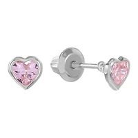 14K White Gold Pink Heart Bezel Children's Earrings