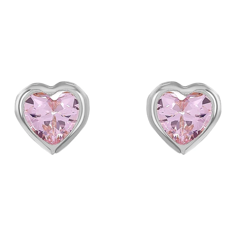 14K White Gold Pink Heart Bezel Children's Earrings