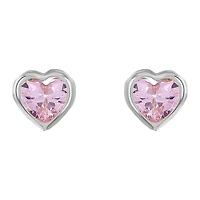 14K White Gold Pink Heart Bezel Children's Earrings