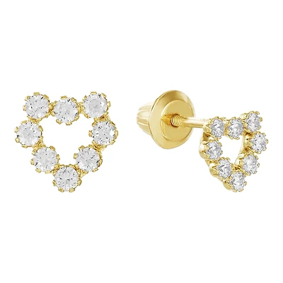 14K Yellow Gold White CZ Heart Children's Earrings
