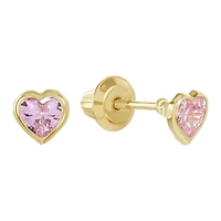 14K Yellow Gold Pink Heart Bezel Children's Earrings