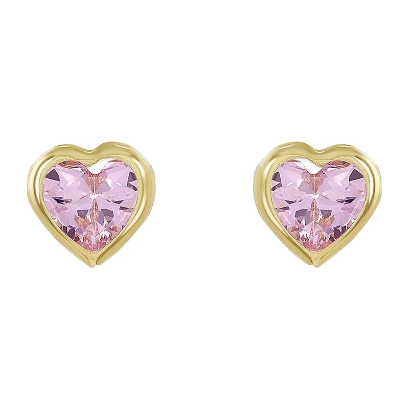 14K Yellow Gold Pink Heart Bezel Children's Earrings